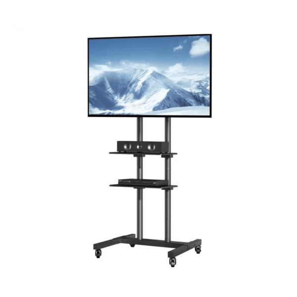 VEVOR-Soporte de TV móvil con ruedas, soporte de TV ajustable en altura, bandeja doble para dispositivos auditivos, soporte de TV rodante para dormitorio
